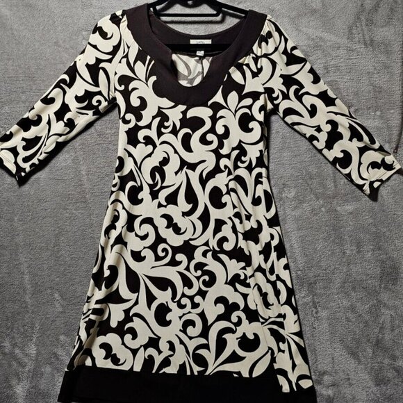 Sweet Storm Dress Women Medium Cream & Chocolate Brown 3/4 Sleeve Slip Stretchy - Picture 6 of 7